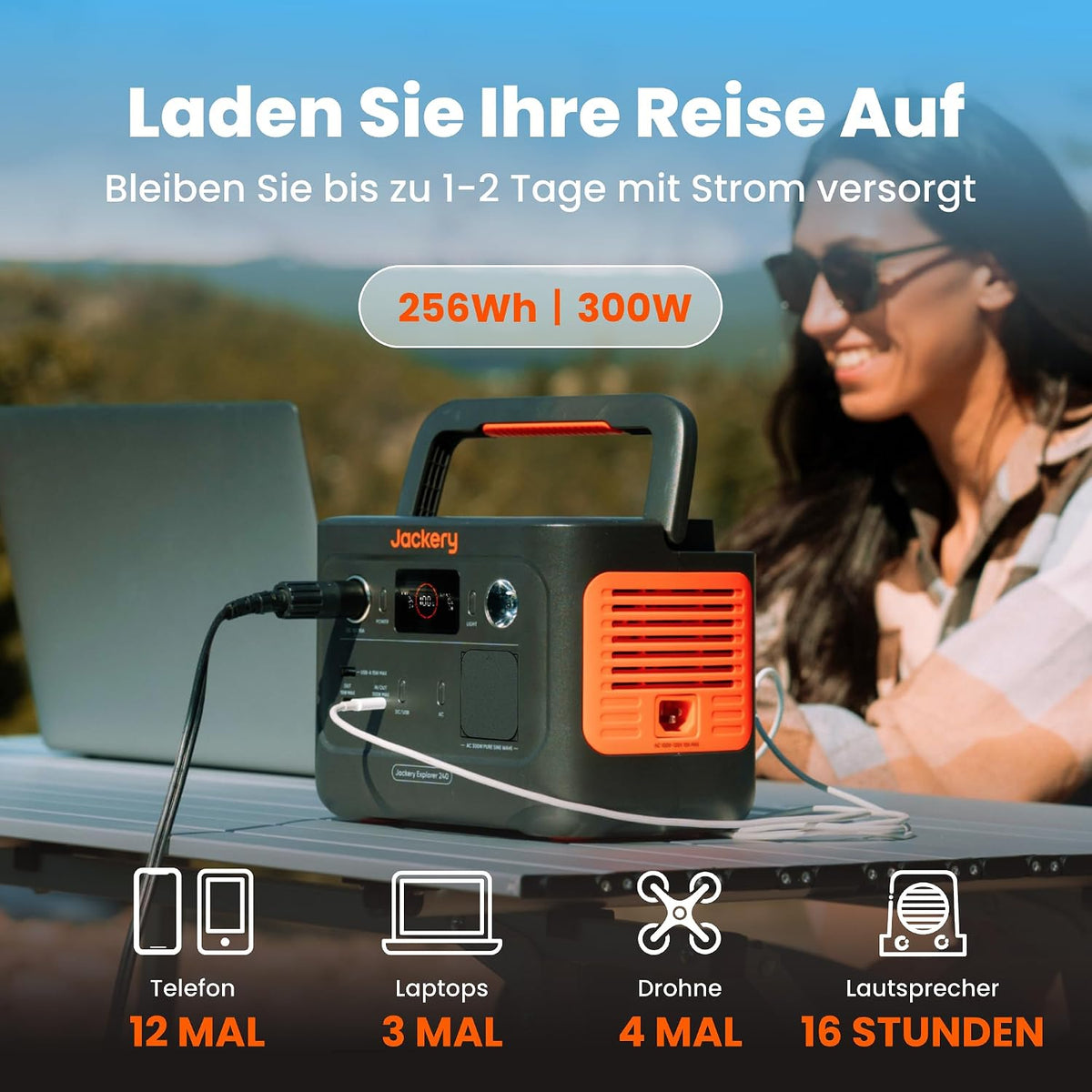 Jackery Explorer 240 v2 mit 256 Wh und 300 W lädt Laptop und Smartphone im Freien