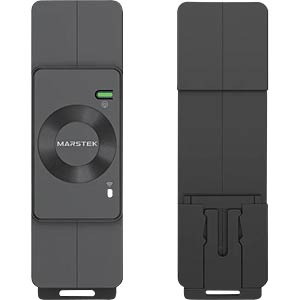 Marstek CT002 3-Phasen Smart Meter in Vorder- und Rückansicht, schwarzes Gehäuse mit Status-LED und Hutschienen-Clip