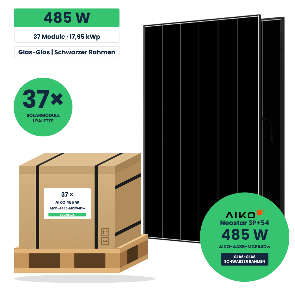 AIKO Neostar 3P+54 485 W Glas-Glas Solarmodul mit schwarzem Rahmen – Palette mit 37 Stück