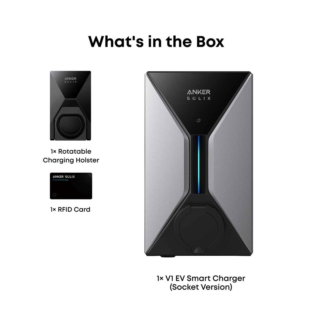 Lieferumfang der Anker SOLIX Wallbox V1: Ladegerät in der Steckdosenversion, drehbare Steckerhalterung und RFID-Karte