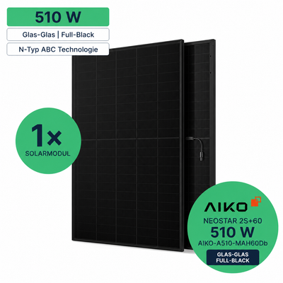 AIKO Neostar 2S+60 510 W Glas-Glas Solarmodul in Full Black – Vorder- und Seitenansicht mit Modellcode AIKO-A510-MAH60Db