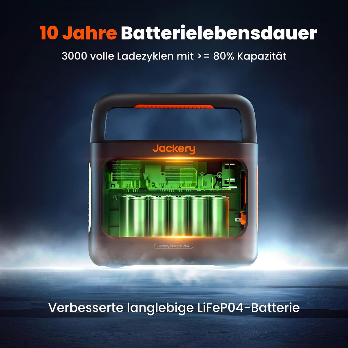 Schnittbild der Jackery Explorer 240 v2 mit LiFePO4-Zellen und 3.000 Ladezyklen