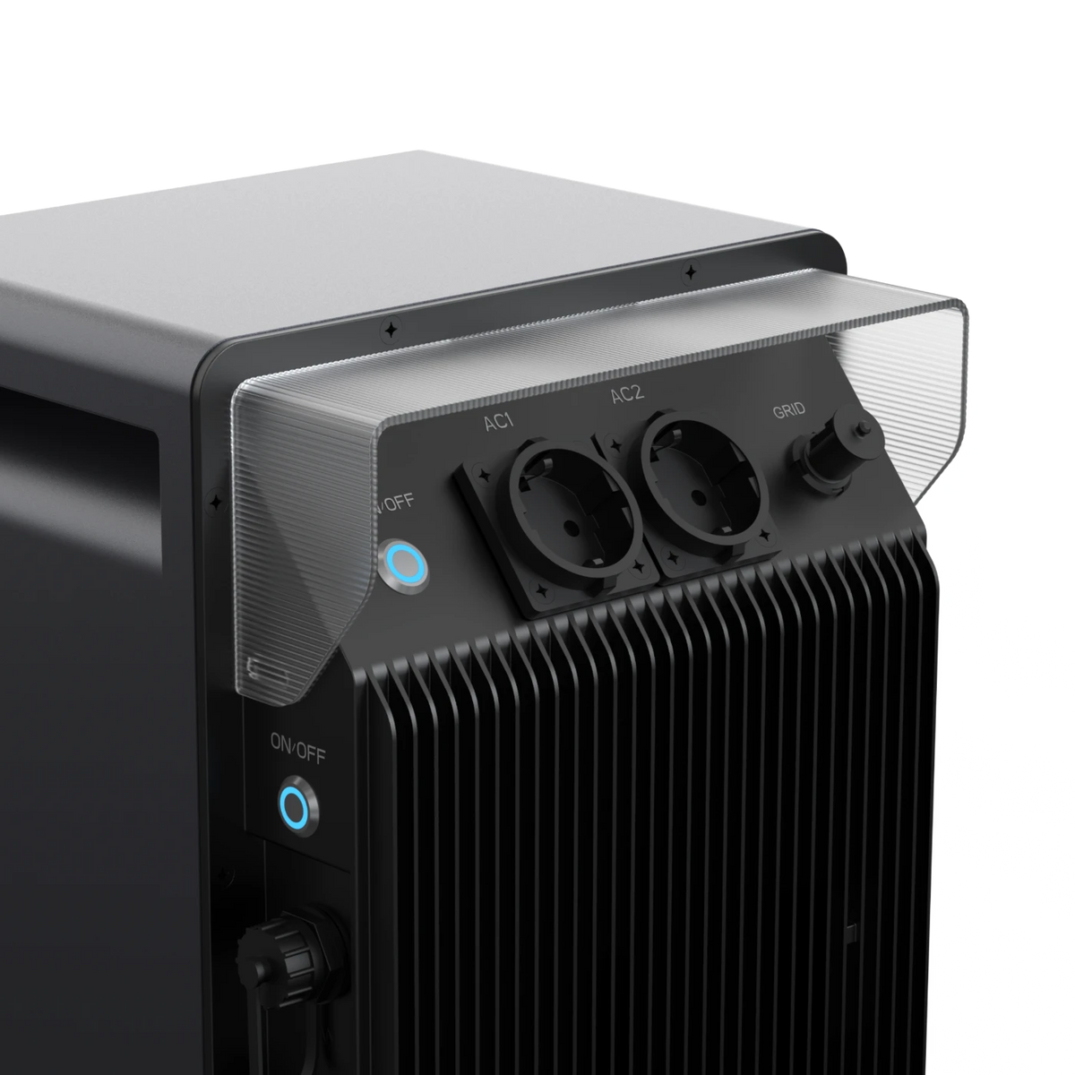 Anschlussfeld des Conow Lyra 2500 AC mit zwei AC-Buchsen, Netzanschluss und Ein-/Aus-Taste