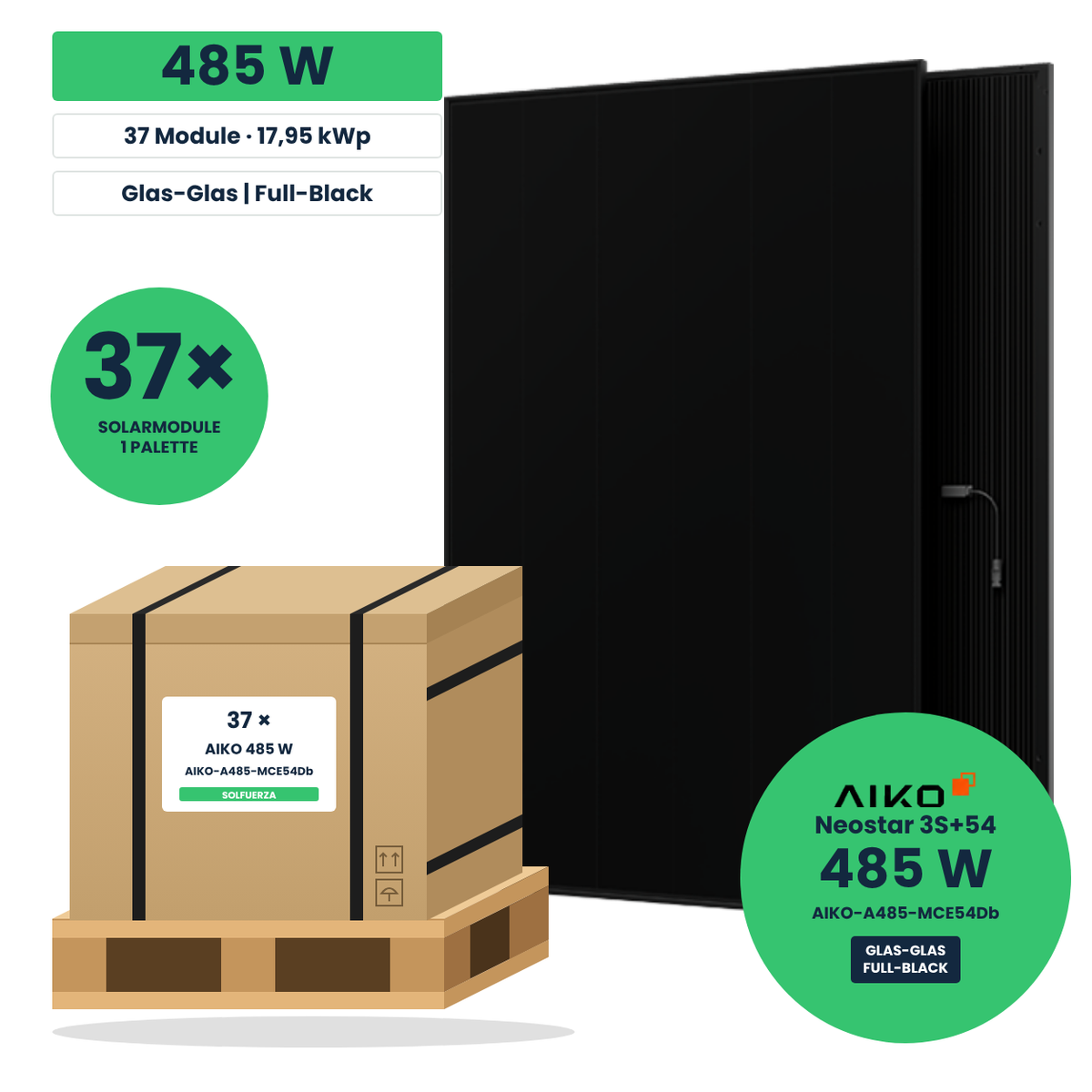 AIKO Neostar 3S+54 485 W Glas-Glas Solarmodul in Full-Black-Optik – Palette mit 37 Stück