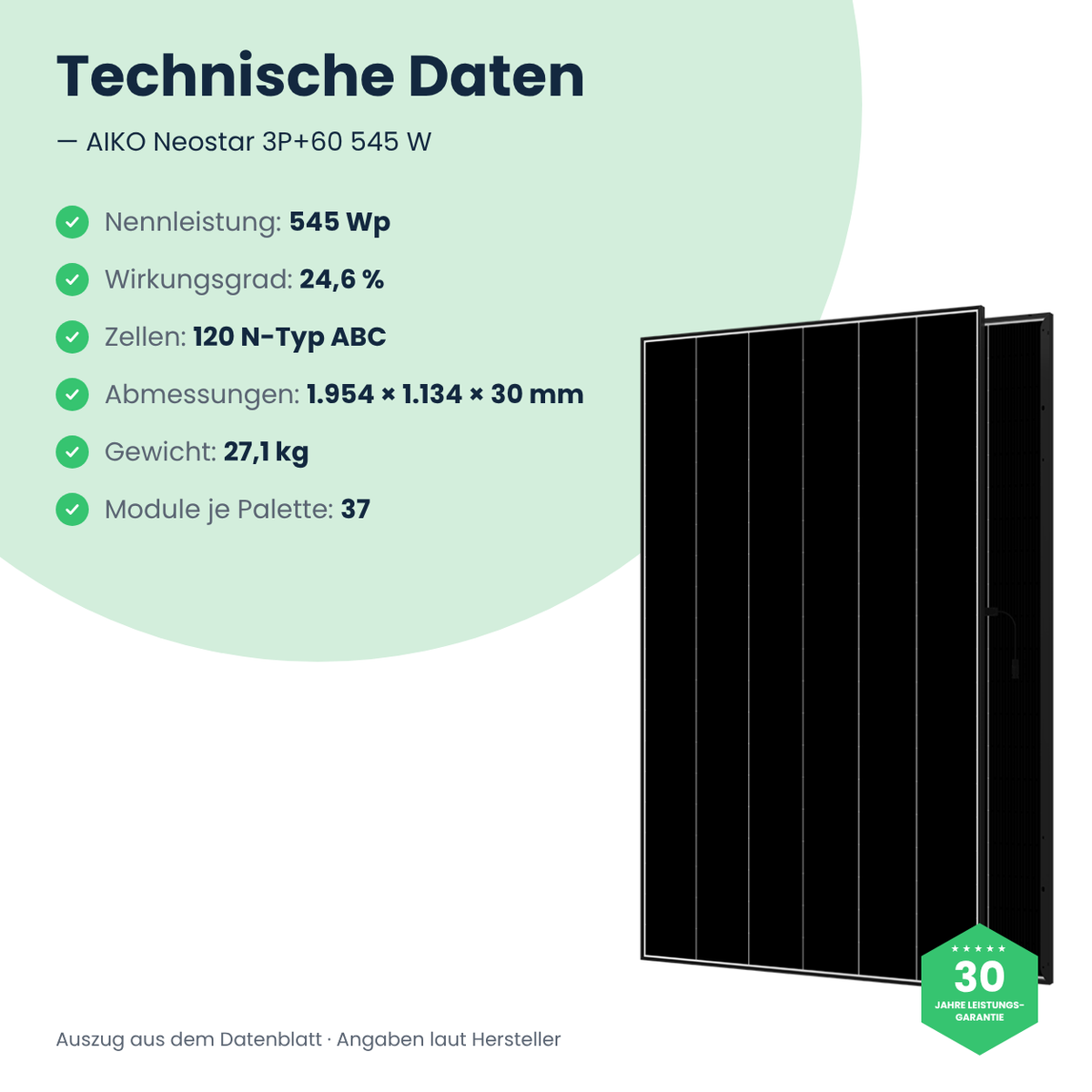 AIKO Neostar 3S+60 545 W – technische Daten, 1.954 × 1.134 × 30 mm, 27,1 kg